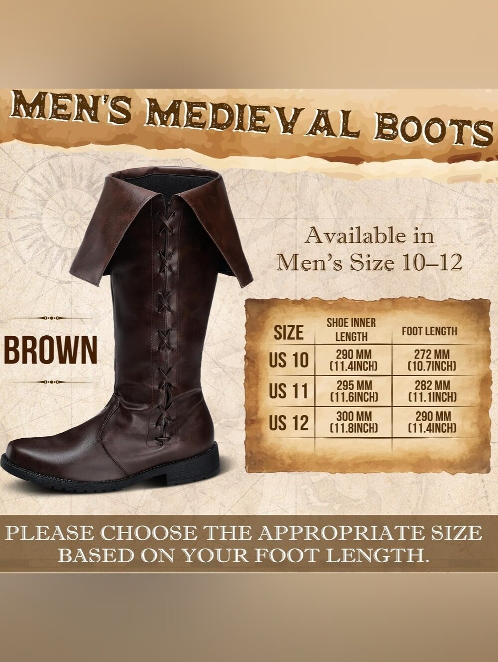 Medieval Pirate Boots Renaissance Boots for Men Size 11Mid Calf Lace up Gothic - Picture 2 of 16